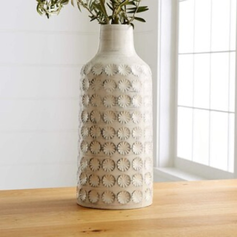 Crate&Barrel Large White Patterned Stoneware Vase with faux Birch Branches